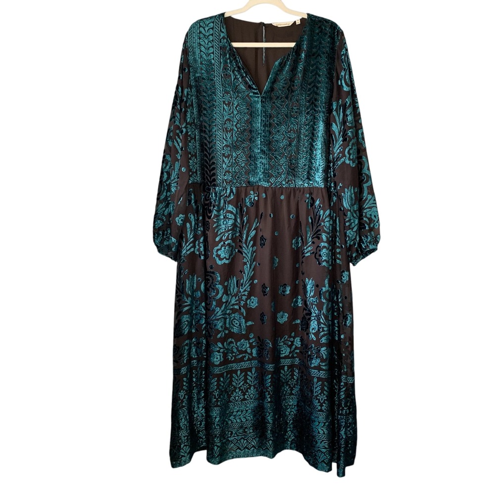 Soft Surroundings romantic green/chocolate velvet burnout maxi dress Size 2X‎